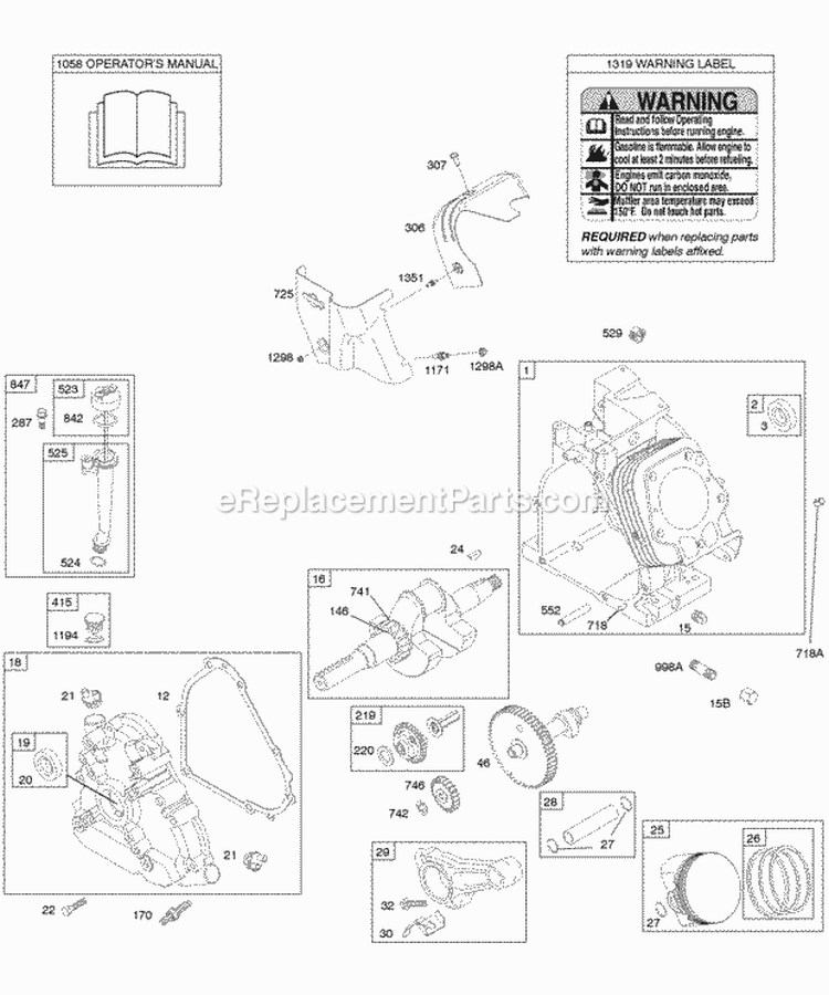 Camshaft Crankcase Cover Crankshaft Cylinder Lubrication OperatorS Manual PistonRingsConnecting Rod Warning Label Diagram and Parts List for 21X314-0110-E1  Briggs and Stratton Engine